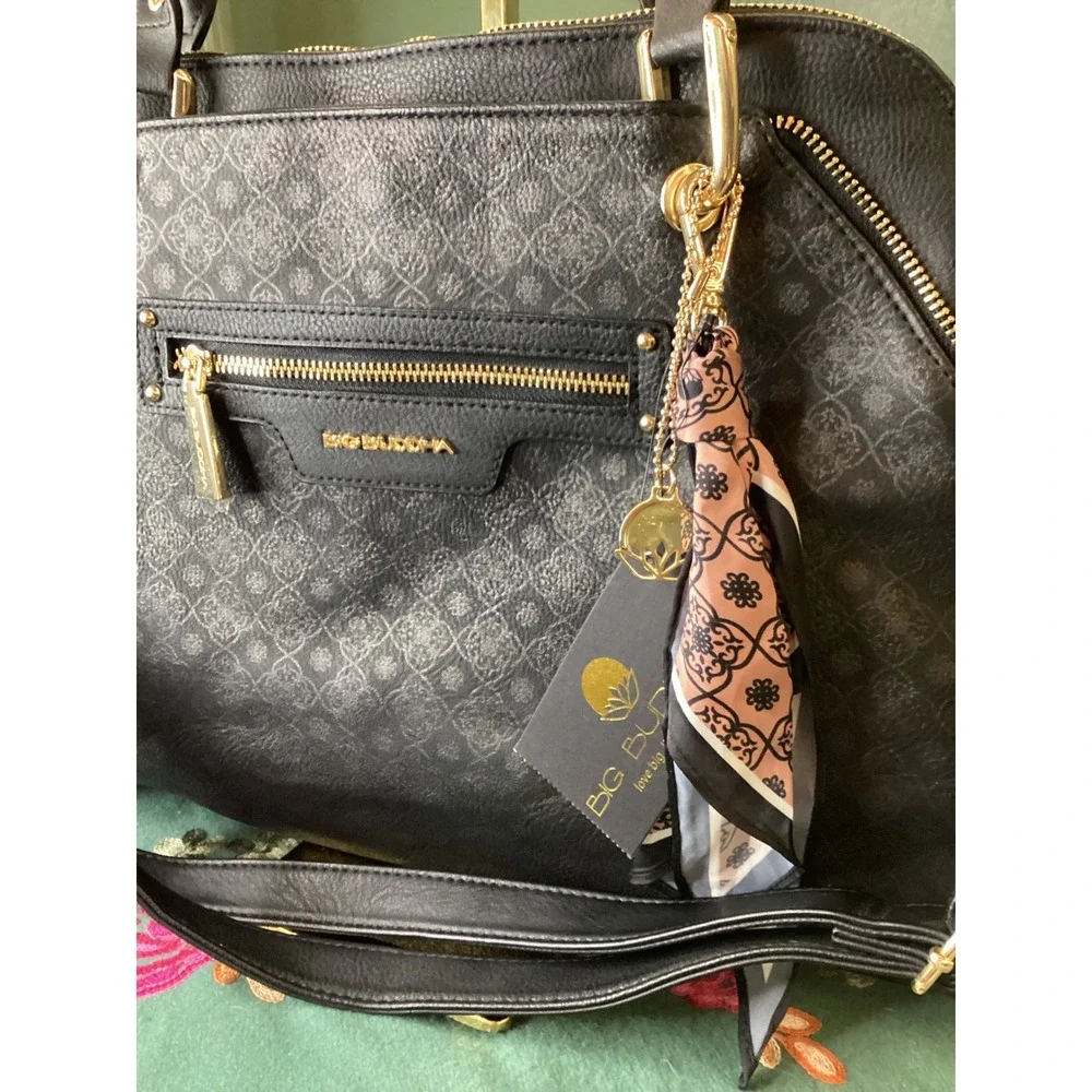 Big Buddha‎ Satchel Handbag Black Monogram Gold Hardware Scarf Charm